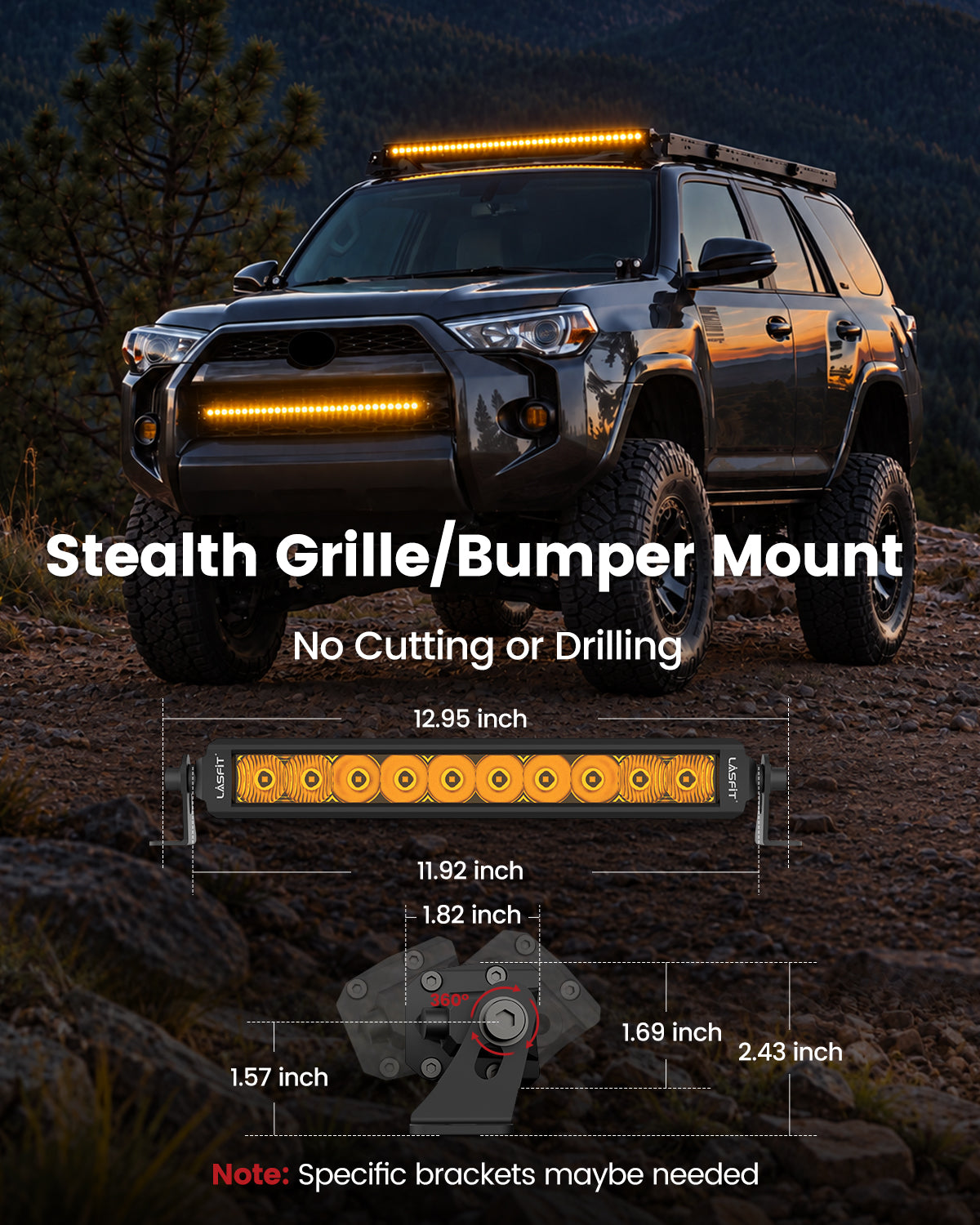 Lasfit 12"/22"/32"/42"/52" Off-Road Slim Single Row Combo Flood Spot Beam LED Amber Light Bars