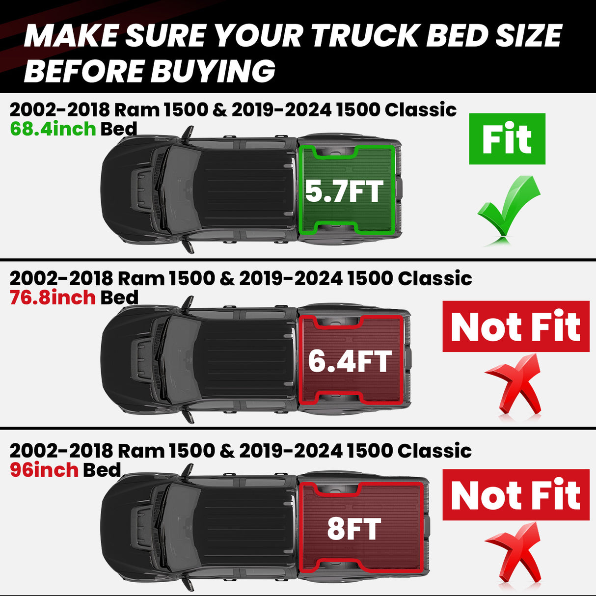 Fit for 2002-2018 Ram 1500 5' 7" Box Heavy Duty Bed Mat Fitment