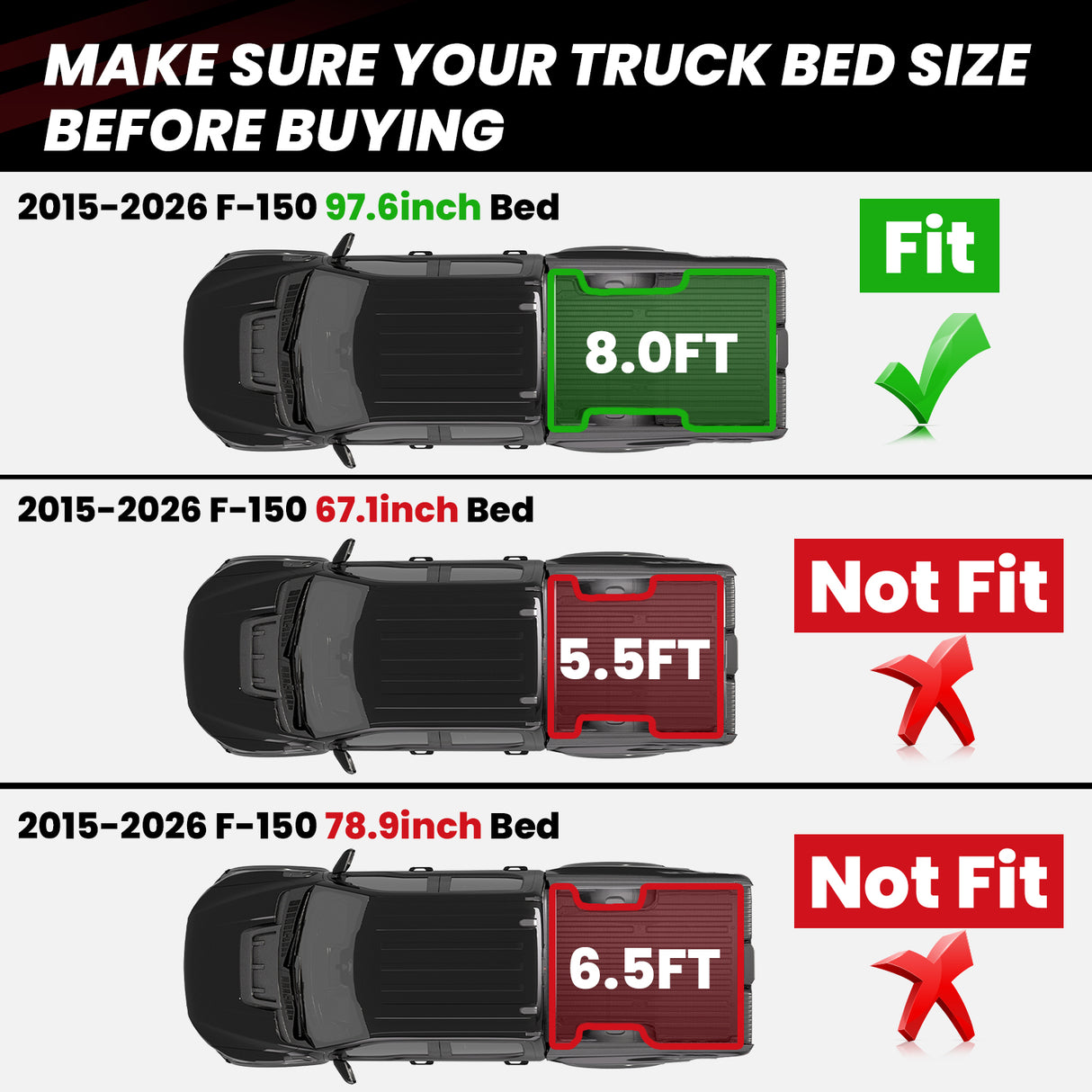 Fit for 2015-2020 Ford F-150 8FT Truck Bed Mat, Not Fit Drop-in Liners