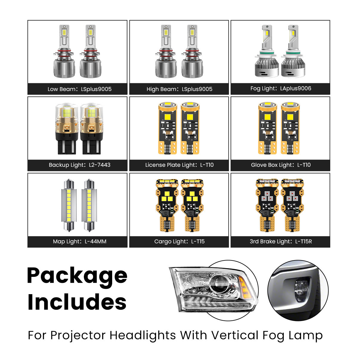 Lasfit combo package led bulbs for 2016-2018 Ram 1500 With Projector Assembly W/ Vertical Fog Lamp