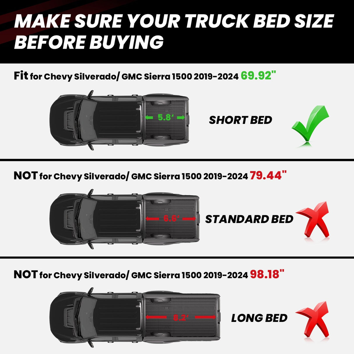 2019-2025 Chevrolet Silverado 1500 Short Box(69.92") 5.8FT Truck Bed Mat Fitment Sheet