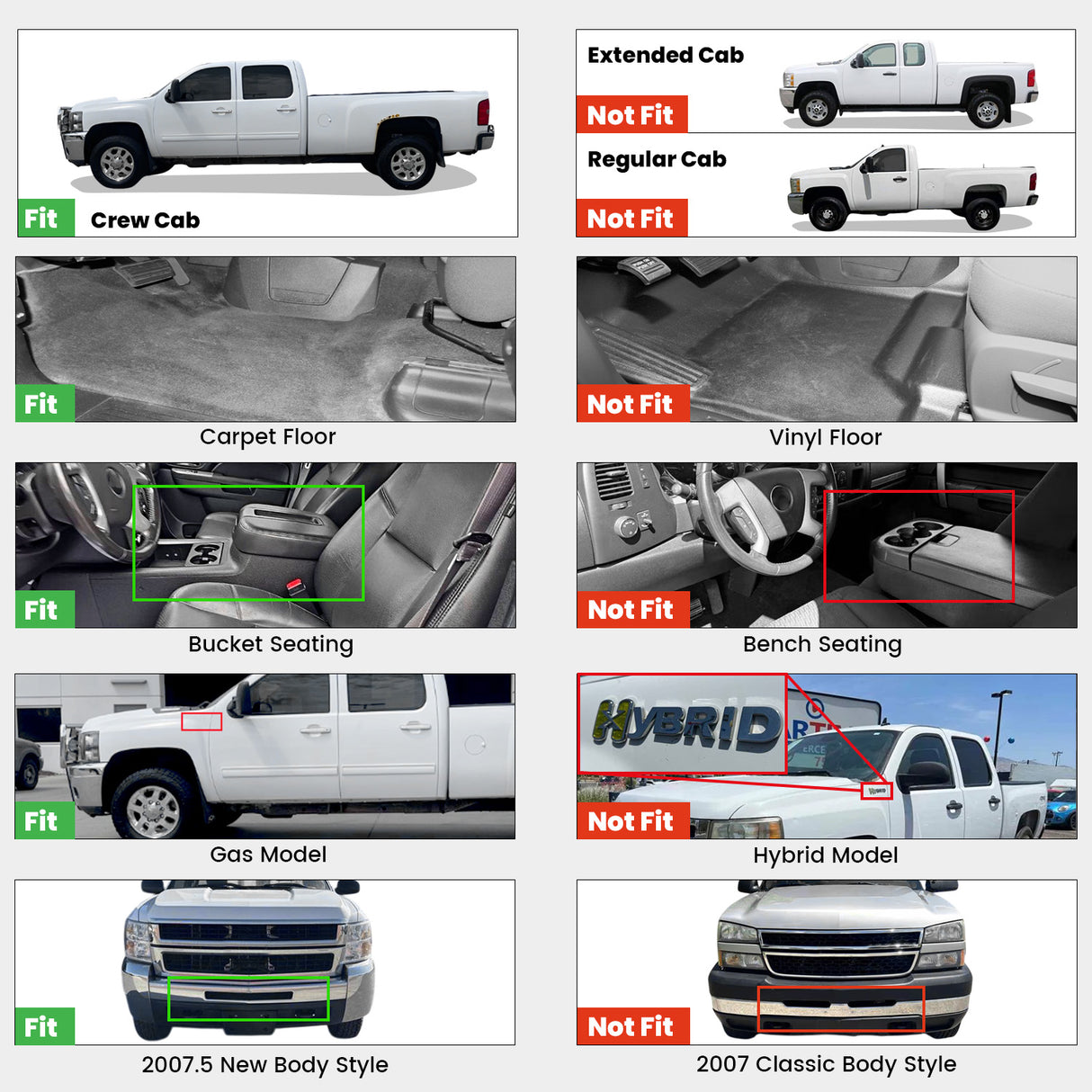 Fit for 2007-2013 GMC Sierra 1500 Crew Cab Floor Mats, Fit Bucket Seat & Gas Only