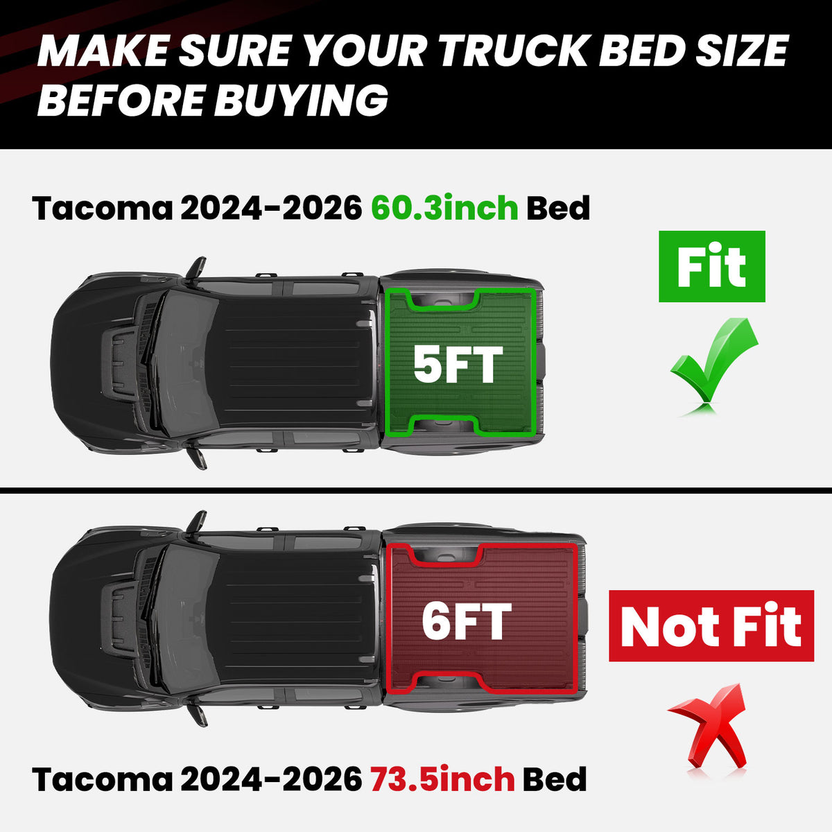 Fit for 2024-2026 Toyota Tacoma 5FT or 6FT Heavy Duty Truck Bed Mat or Tailgate Mat