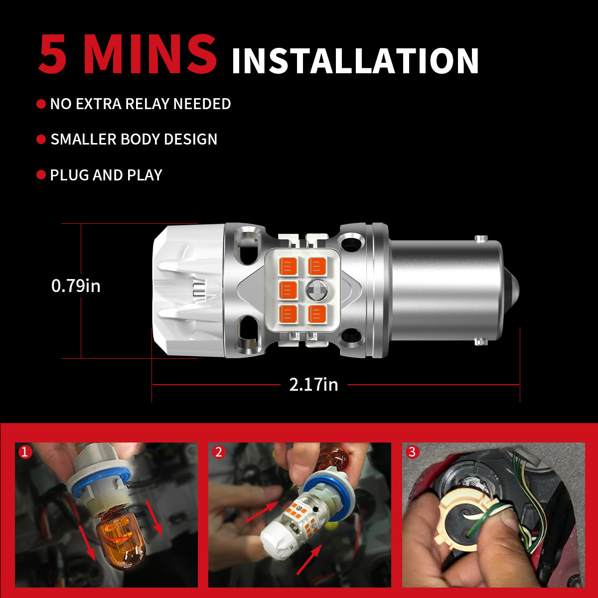 amber T3-1156 led bulbs 5mins installation