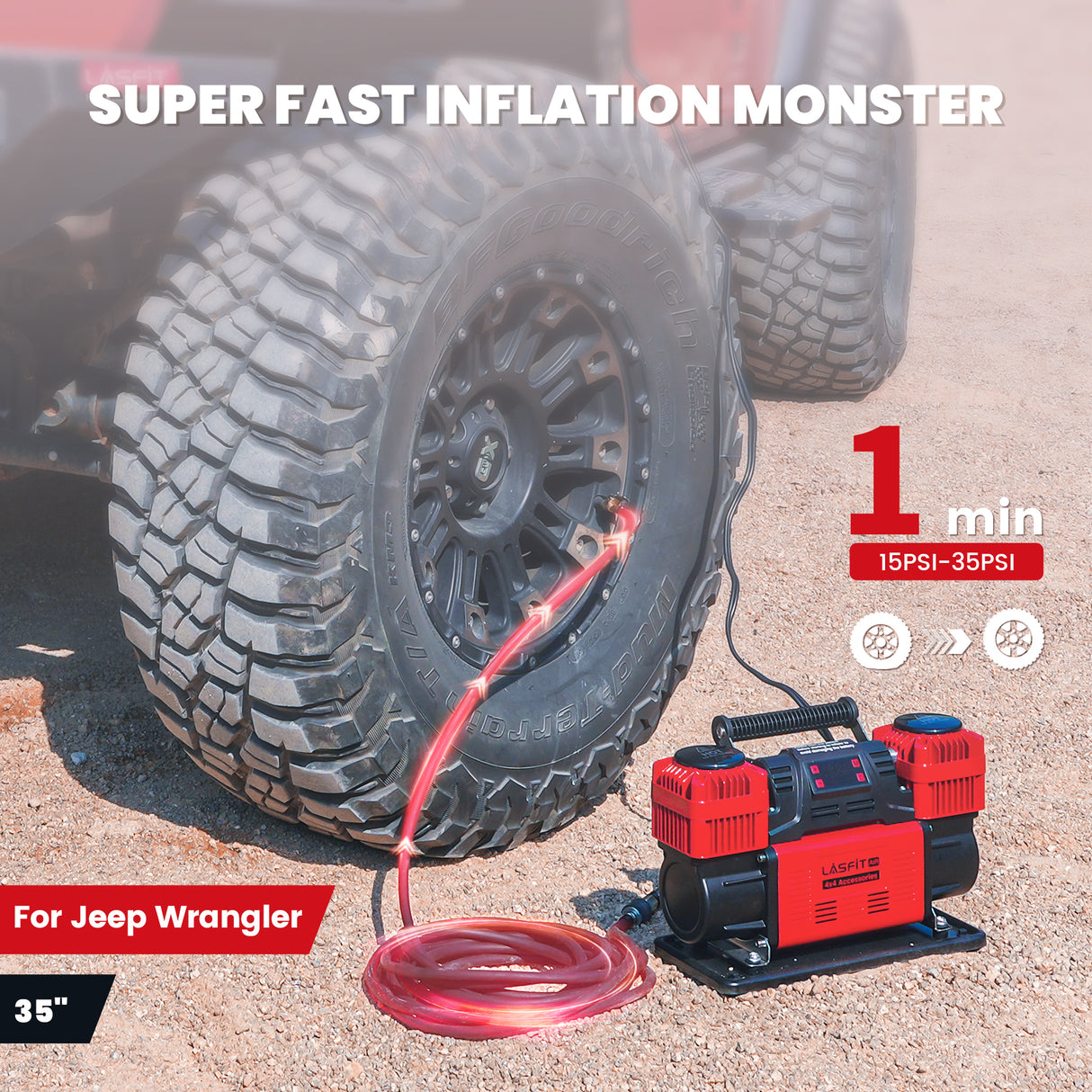 LASFIT X4 Off-Road Air Compressor, Dual-Cylinder 12V Tire Inflator with Auto-Stop for 4x4 Vehicles, Trucks, and RVs