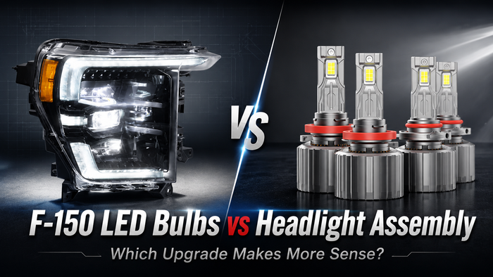 F-150 LED bulbs vs headlight assembly comparison showing full headlight unit and LED bulb upgrade