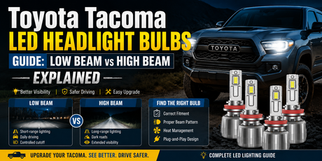 Toyota Tacoma LED headlight bulbs guide comparing low beam and high beam upgrades with LED bulb performance, fitment, and lighting options