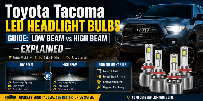Toyota Tacoma LED headlight bulbs guide comparing low beam and high beam upgrades with LED bulb performance, fitment, and lighting options