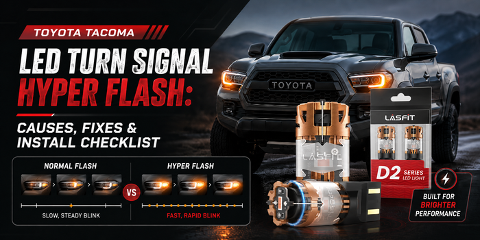 Toyota Tacoma LED turn signal hyper flash guide featuring Lasfit D2 LED bulbs, normal vs fast blinking comparison, causes, fixes, and installation checklist