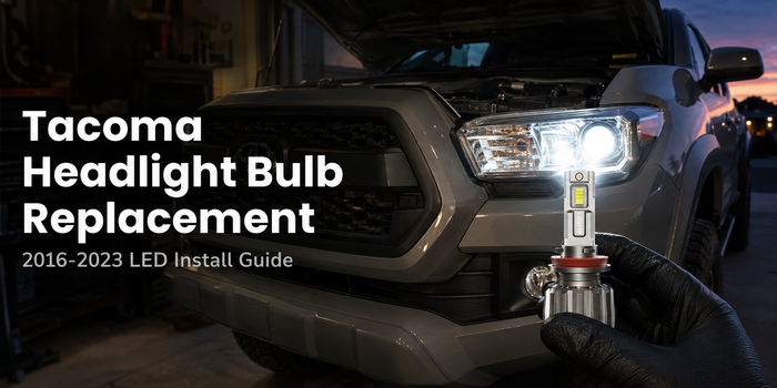 Toyota Tacoma headlight bulb replacement guide showing a gloved hand holding an LED bulb near an illuminated Tacoma headlight