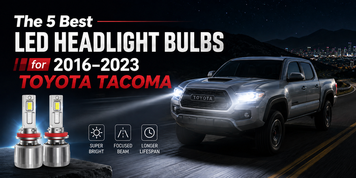 The 5 best LED headlight bulbs for 2016–2023 Toyota Tacoma, featuring Lasfit LS Plus H11/H9/H8 bulbs and a Tacoma driving at night.