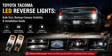 Toyota Tacoma LED reverse lights guide cover featuring illuminated reverse lights, Lasfit LED bulbs, backup-camera visibility, towing, and installation.