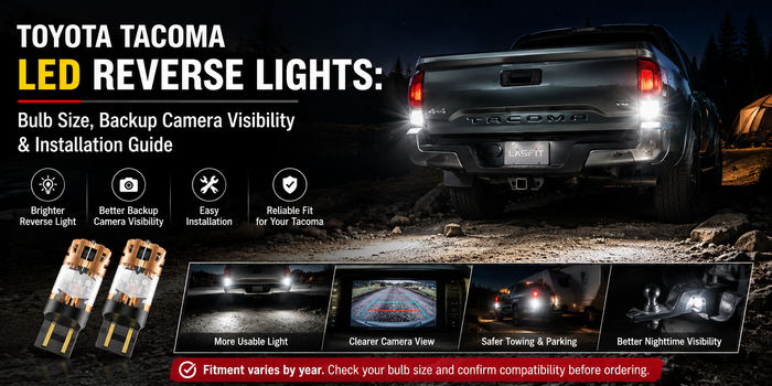 Toyota Tacoma LED reverse lights guide cover featuring illuminated reverse lights, Lasfit LED bulbs, backup-camera visibility, towing, and installation.