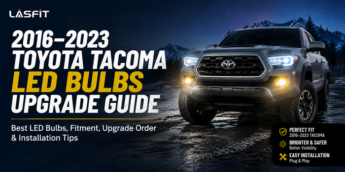 2016-2023 Toyota Tacoma LED bulbs upgrade guide cover featuring LED headlight and fog light upgrades for improved visibility