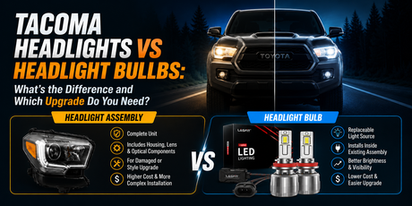 Toyota Tacoma headlights vs headlight bulbs comparison showing headlight assembly and LED bulb upgrade options