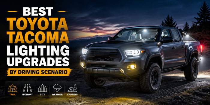 Toyota Tacoma lighting upgrades for night driving, off-road trails, camping, highway driving, and poor weather