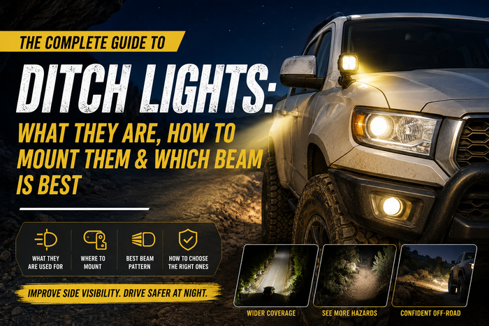 Truck with A-pillar ditch lights illuminating trail edges and roadside terrain at night, showing how LED ditch lights improve side visibility.