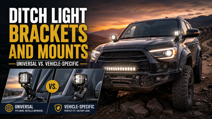 Jeep Wrangler equipped with ditch light brackets and LED pod lights, showing universal vs vehicle-specific mounting options for off-road truck and SUV setups.