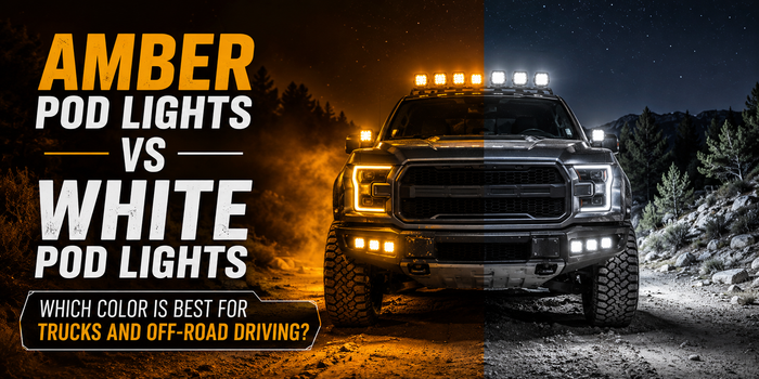 Amber pod lights vs. white pod lights on an off-road truck, comparing light color performance for clear nights, dust, fog, and trail driving.