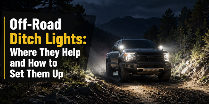 Off-road truck with ditch lights illuminating trail edges at night, showing where ditch lights help and how to set them up.