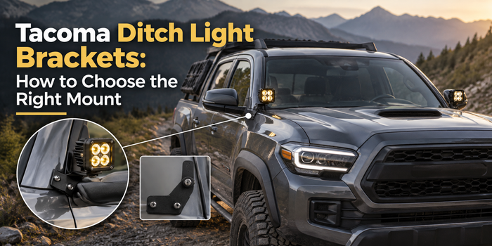 Tacoma ditch light brackets guide with hood hinge mounting, A-pillar LED pod lights, and off-road light installation