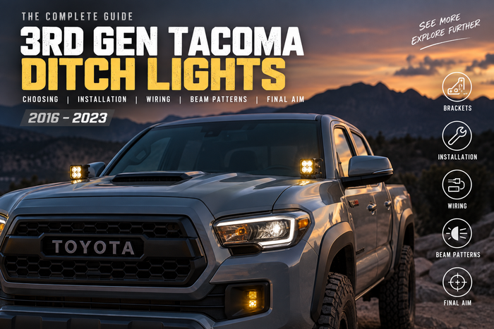 3rd Gen Tacoma ditch lights guide for 2016-2023 Toyota Tacoma covering brackets, installation, wiring, beam patterns, and aiming