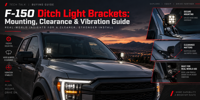 F-150 ditch light brackets with hood hinge pod lights, clearance, mounting, and vibration guide