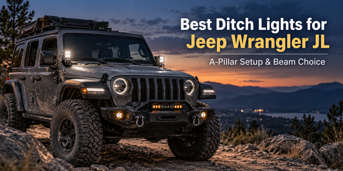 Best Jeep Wrangler JL ditch lights with A-pillar pod lights for off-road trail use