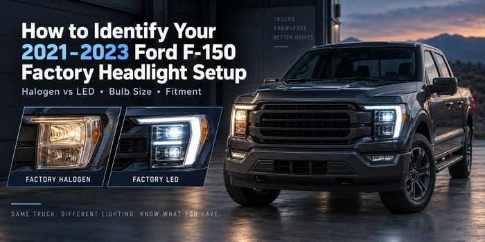 2021–2023 Ford F-150 factory headlight setup guide showing factory halogen vs LED headlights, bulb identification, and fitment differences before choosing a replacement bulb