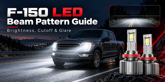 Illustration of Ford F-150 LED headlight performance explaining how beam pattern, cutoff, and glare control affect useful road visibility