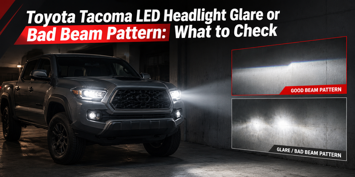 Toyota Tacoma LED headlight glare troubleshooting with good vs bad beam pattern comparison