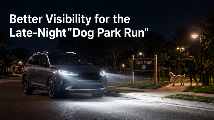 Nighttime dog park visibility with LED headlights.