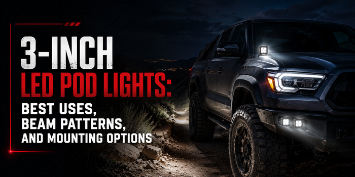 3-inch LED pod lights installed on a truck, highlighting beam patterns, mounting options, and off-road lighting applications.