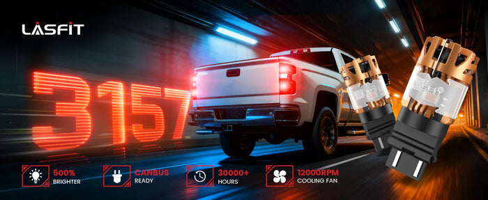 LASFIT 3157 brake light bulb, 500% brighter canbus ready LED car tail light with 12000RPM cooling fan, 30000+ hours lifespan for pickup truck brake light upgrade