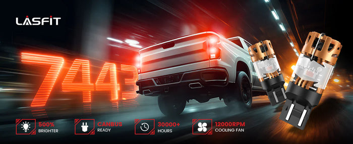 LASFIT 7443 brake light bulb, 500% brighter canbus ready LED car tail light with 12000RPM cooling fan, 30000+ hours lifespan for pickup truck brake light upgrade
