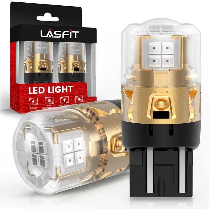 LASFIT 7443 LED brake light bulbs feature 5-minute quick installation, 1:1 halogen fit, plug-and-play design, and no polarity. Easy DIY upgrade for your car's tail lights with all-in-one, CANBUS-ready LED bulbs.