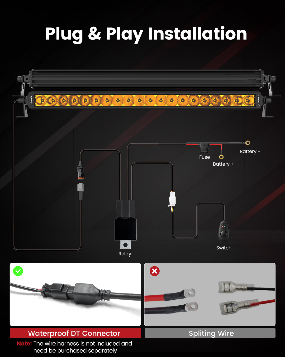 Lasfit 12"/22"/32"/42"/52" Off-Road Slim Single Row Combo Flood Spot Beam LED Amber Light Bars