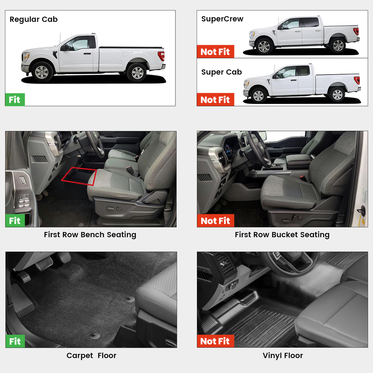 Fit for 2015-2025 Ford F-150 Regular Cab Floor Mats, Fit Carpet Floor with Bench Seating Only