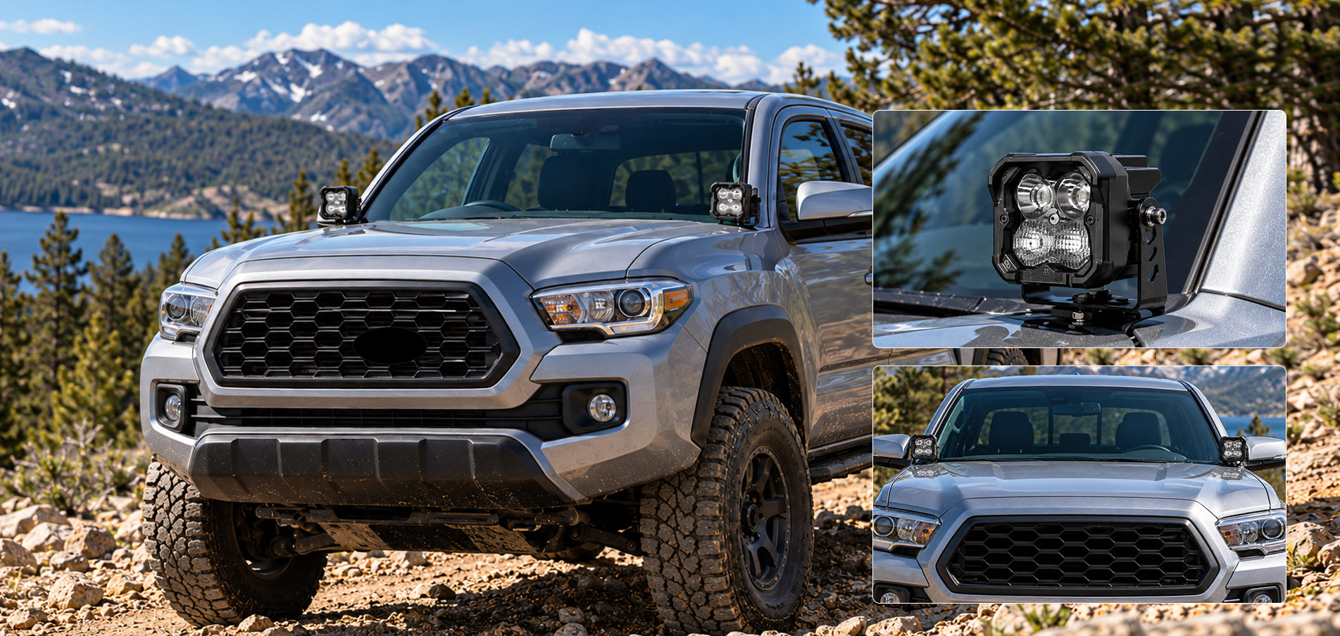 Lasfit pod ditch light kits installed on a 2016–2023 Toyota Tacoma
