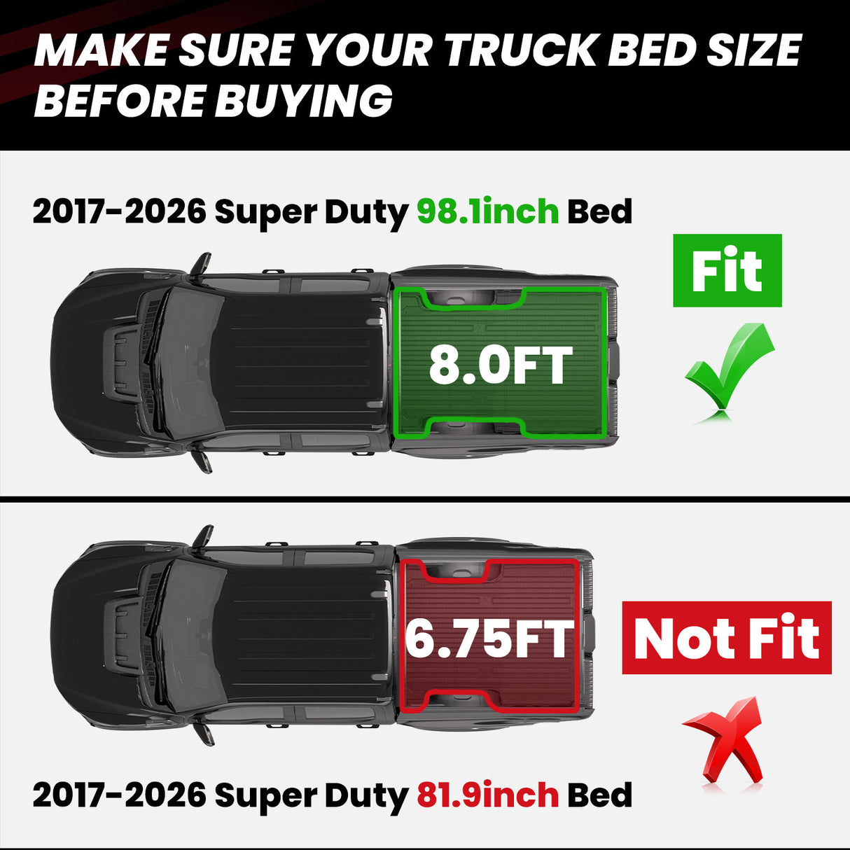 Fit for 2017-2026 Ford Super Duty 8.0FT Bed Mat Fitment