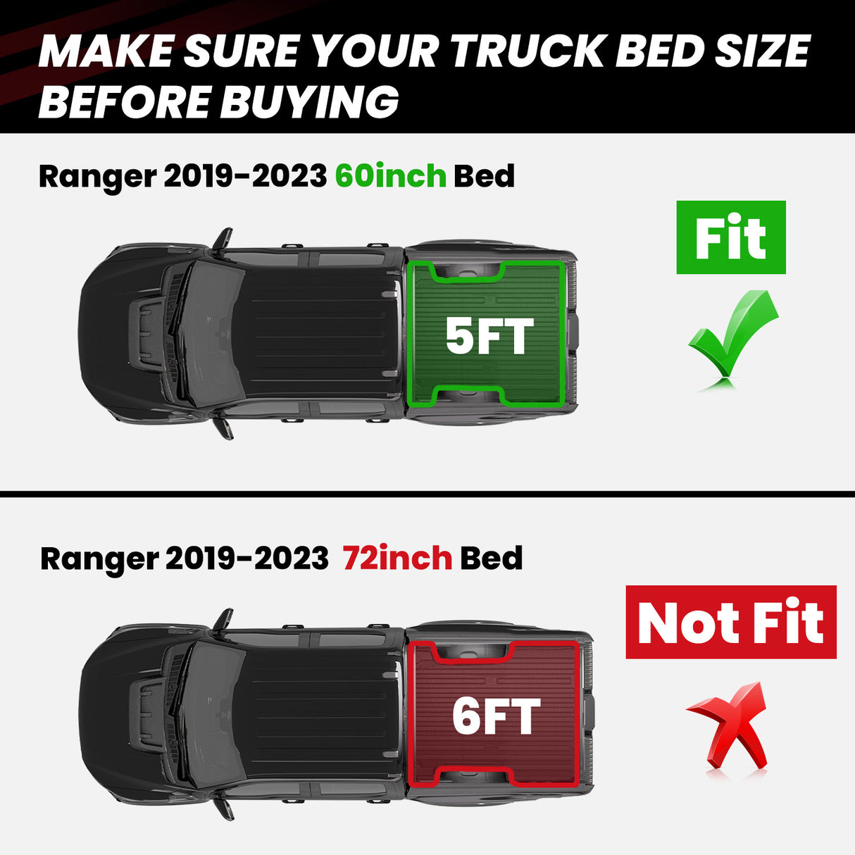 Fit for 2019-2023 Ford Ranger 5FT Bed Mat Fitment