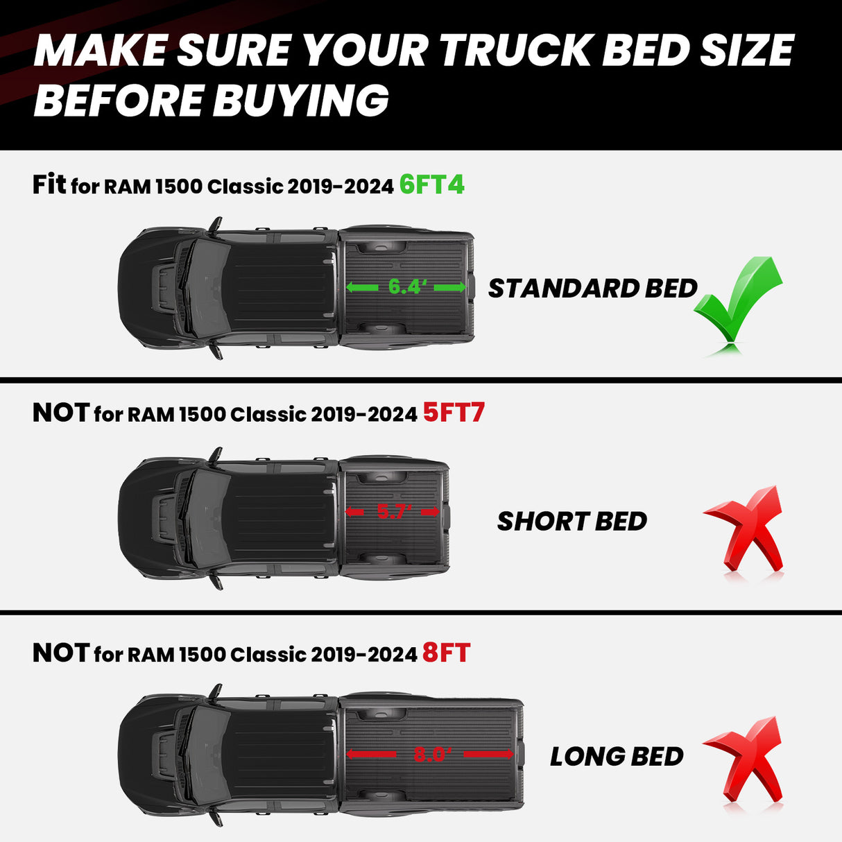 Fit for 2019-2024 Ram 1500 Classic 6' 4" Box Heavy Duty Bed Mat Fitment