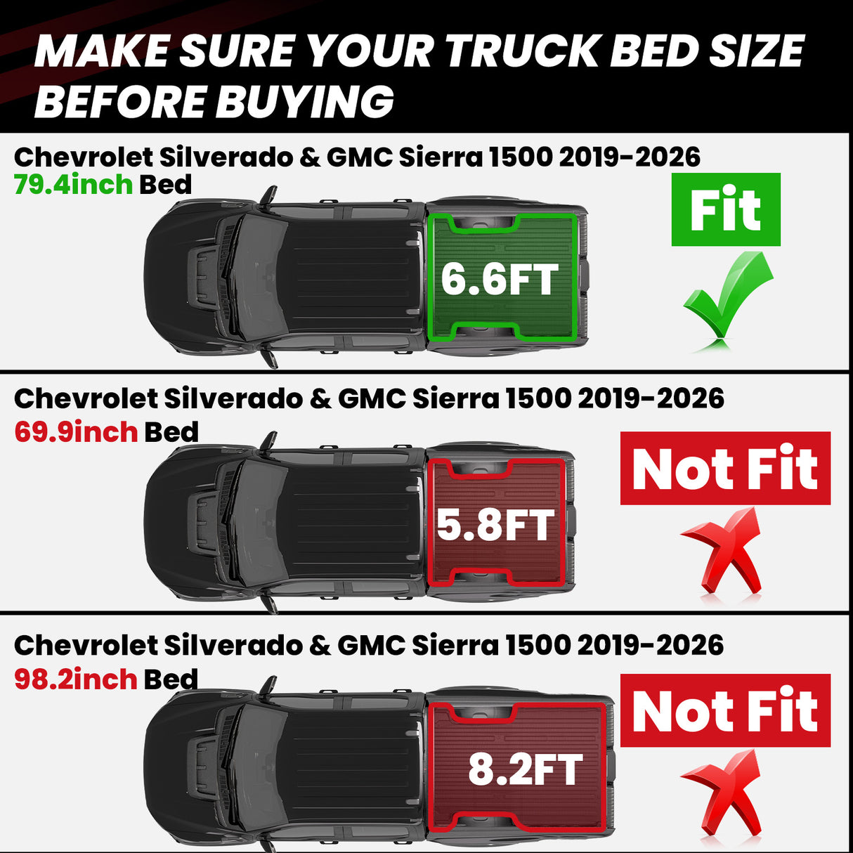 Fit for 2019-2026 GMC Sierra 1500 Short Box Truck Bed Mat / Tailgate Mat, Cannot Work With Tonneau Cover