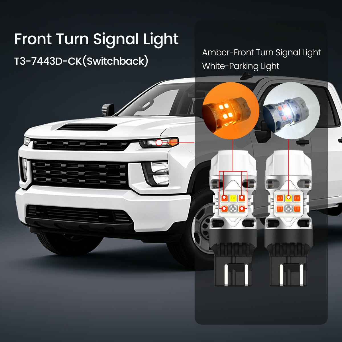 lasfit switchback 7443 led front turn signal lights for 2020-2026 chevrolet silverado 2500hd 3500hd