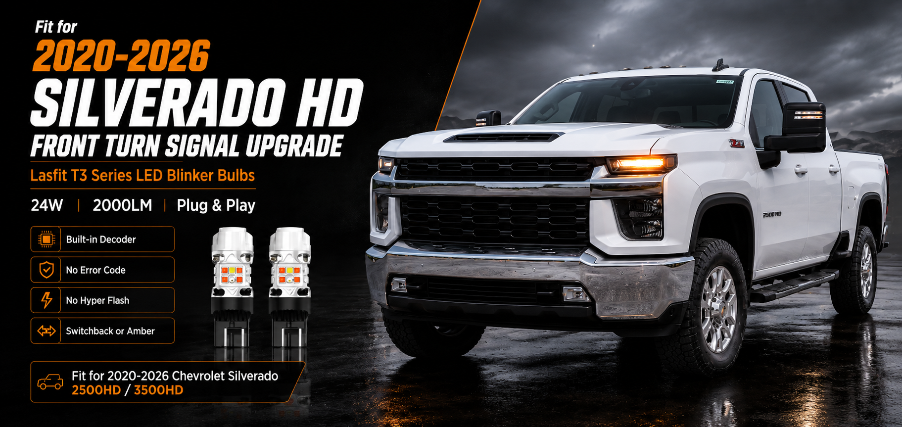 Lasfit LED front turn signal light bulb replacement for 2020-2026 chevy silverado 2500hd 3500hd