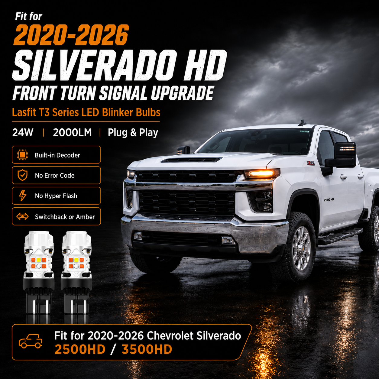 Lasfit LED front turn signal light bulb replacement for 2020-2026 chevy silverado 2500hd 3500hd