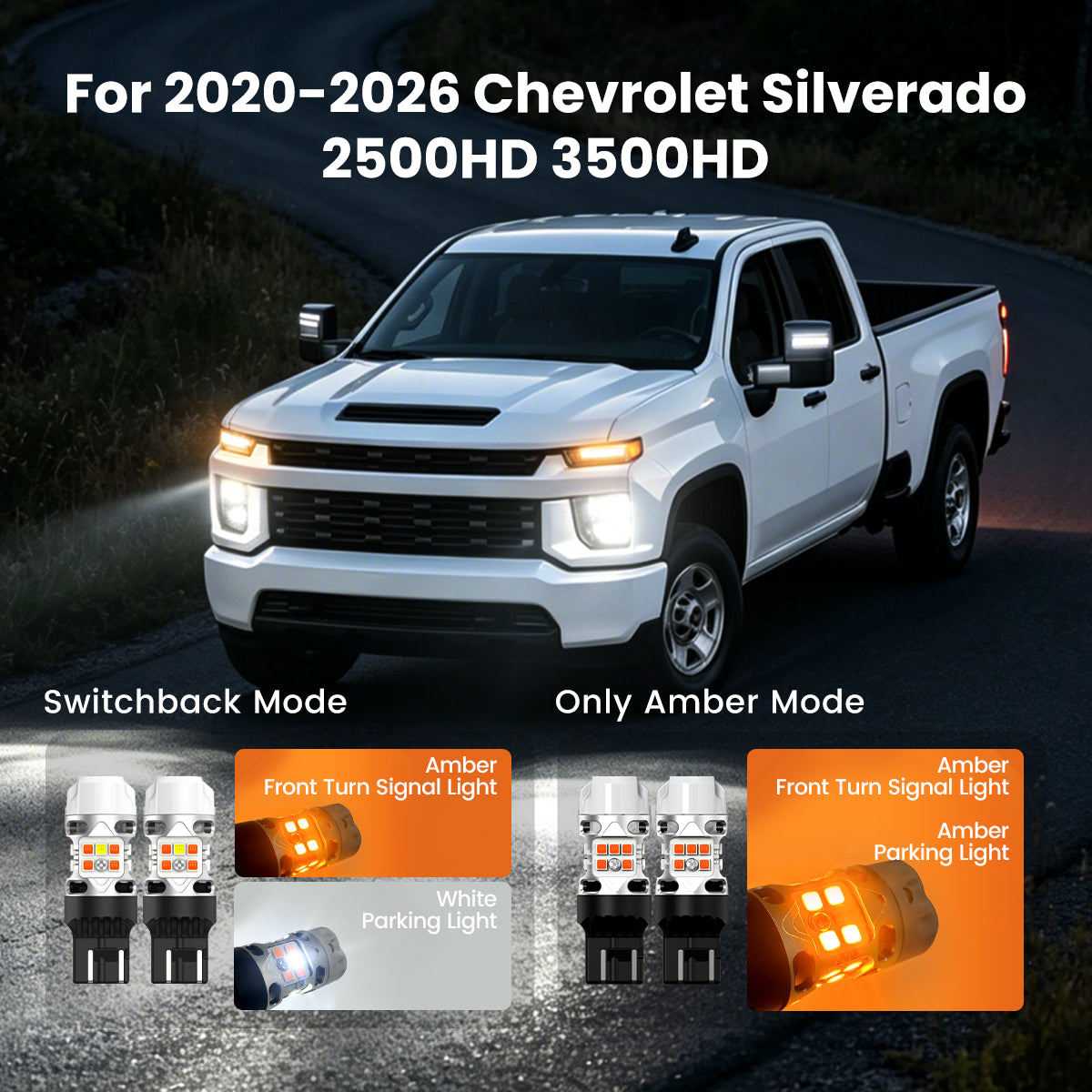 Lasfit switchback and amber LED front turn signal bulbs for Chevrolet Silverado HD