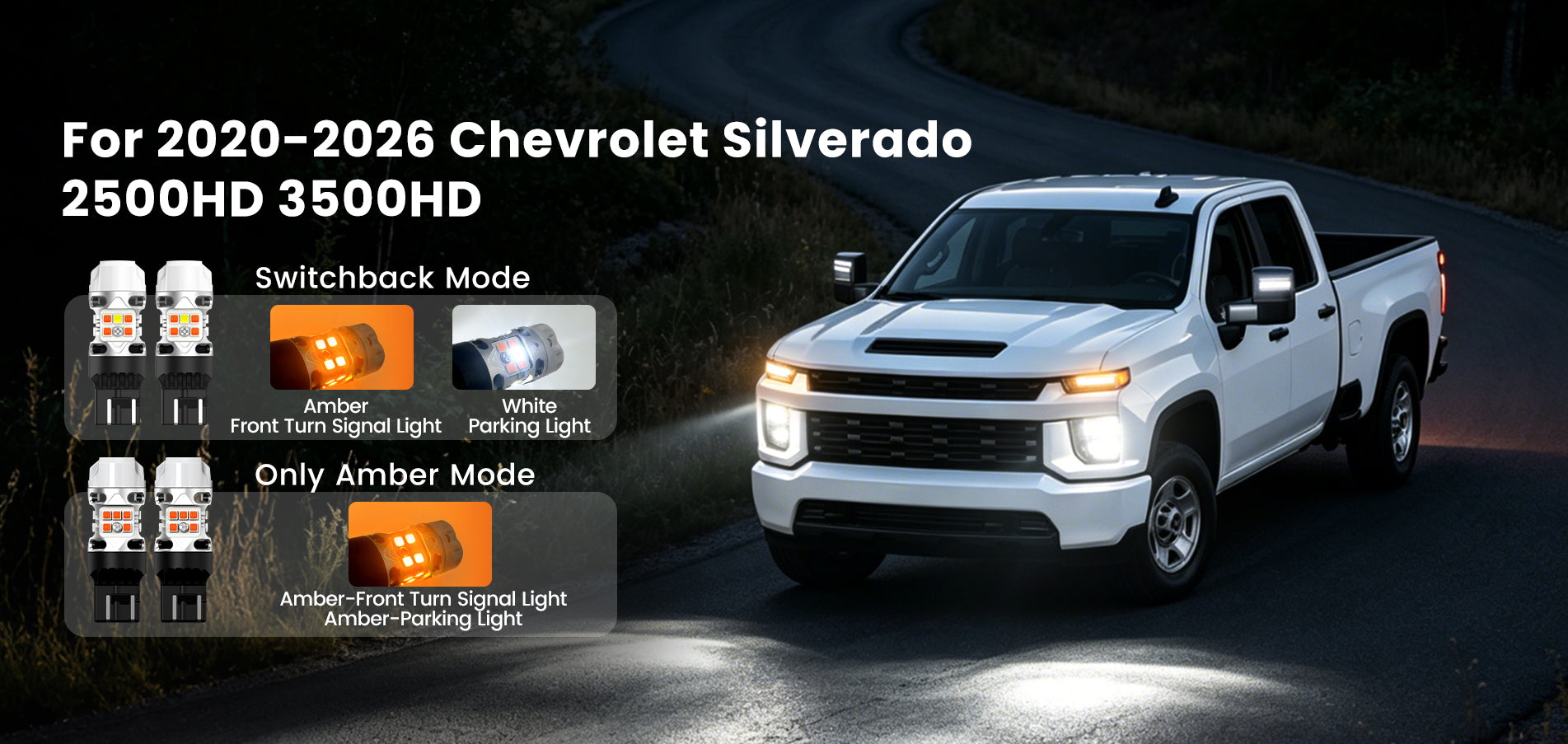 Lasfit switchback and amber LED front turn signal bulbs for Chevrolet Silverado HD