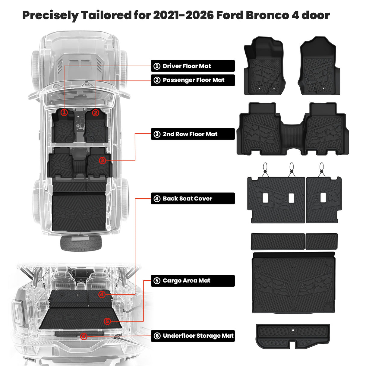Fit for 2021-2026 Ford Bronco Floor Mats & Cargo Mat Fit 4 Door