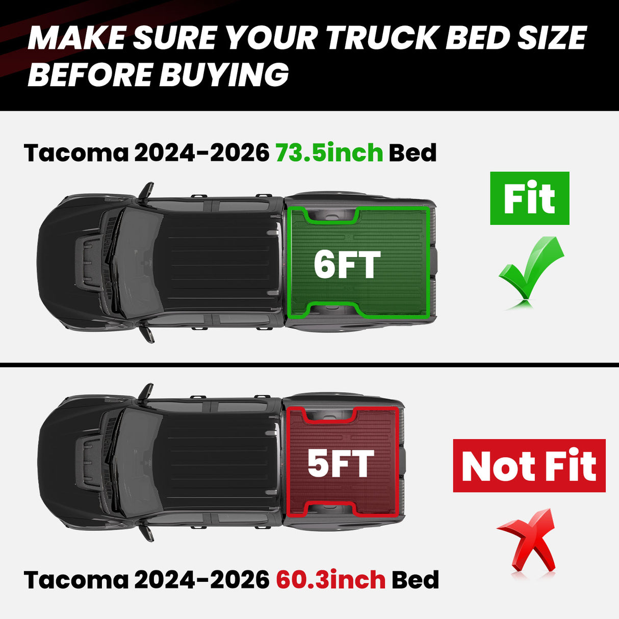 Fit for 2024-2026 Toyota Tacoma 5FT or 6FT Heavy Duty Truck Bed Mat or Tailgate Mat